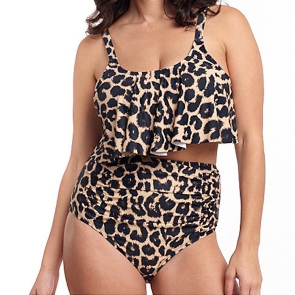 Love My Curves Leopard Print 2 Piece High Waist Ruched Pin Up Swimsuit Size 12